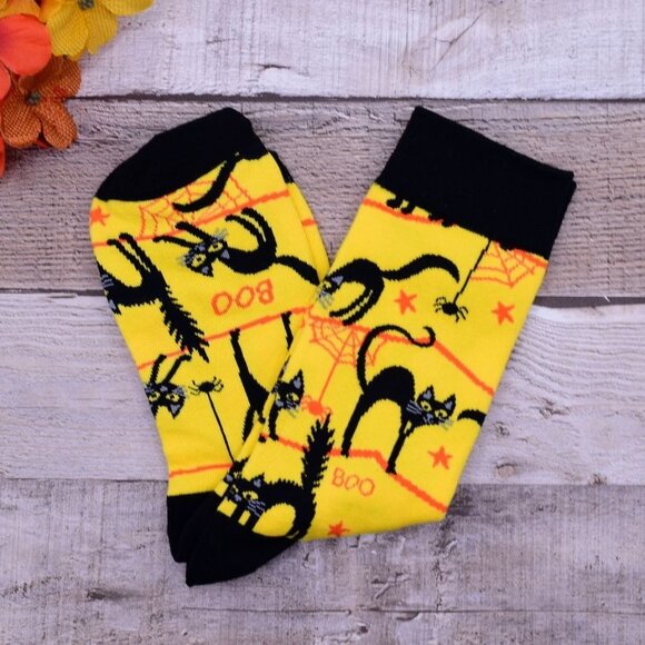 Happy Haunts Halloween Boo Socks Black Cats and Spiders Yellow Gift Packaged - Picture 9 of 9